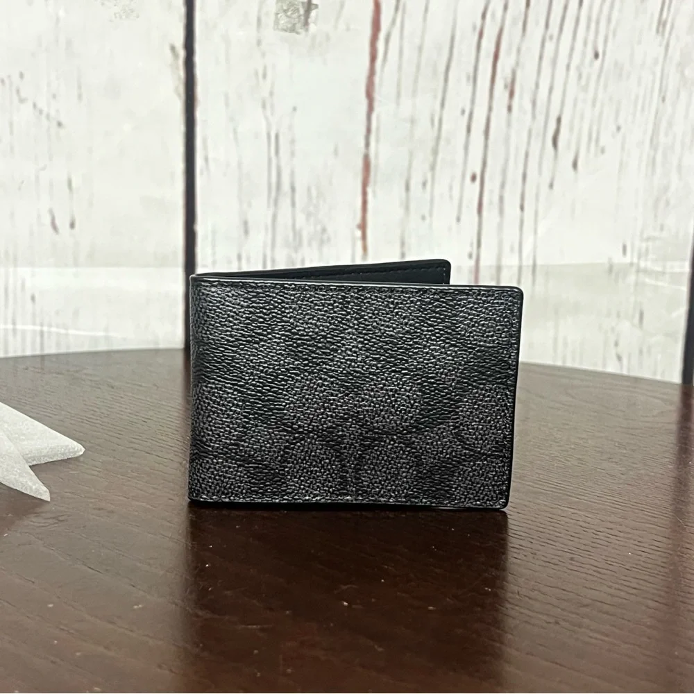 Coach Compact Billfold Wallet In Signature Canvas charcoal/black